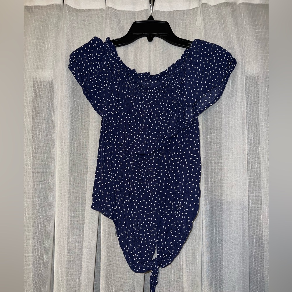 Polka dot blue and white off shoulder blouse